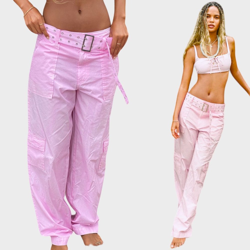 NWOT Frankies Bikinis Jack Low Rise Pink Cargo Baggy Canvas Pants Women's Size L